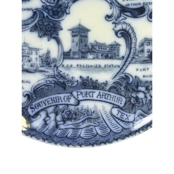 Wheelock England Flow Blue Picturesque Port Arthur Texas Vintage Souvenir Plate - Picture 5 of 7